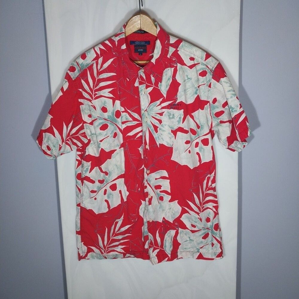 Tommy Jeans Tropical Hawaiian Camp Shirt Men's L Red Cotton Button Front Leaf
